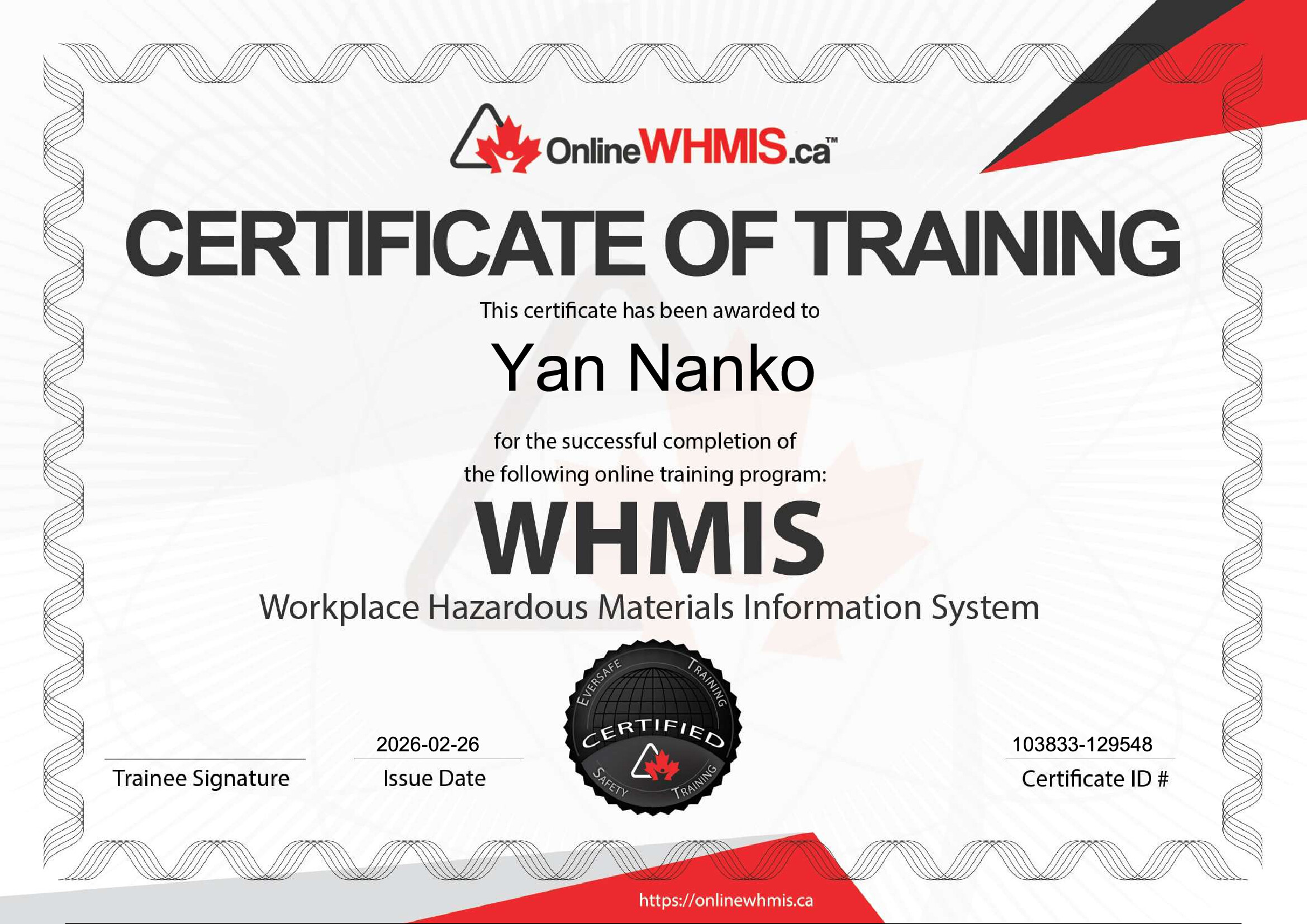 Certification SIMDUT / WHMIS